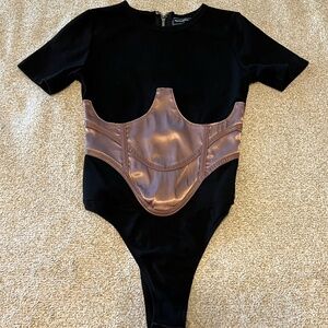 NWOT Maniere De Voir Black Bodysuit with Pink Satin Corset Detail
